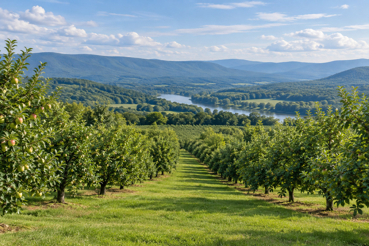 Eastern Panhandle orchards near the Potomac and Shenandoah river valleys, with the wooded Allegheny ridges of the Potomac Highlands beyond