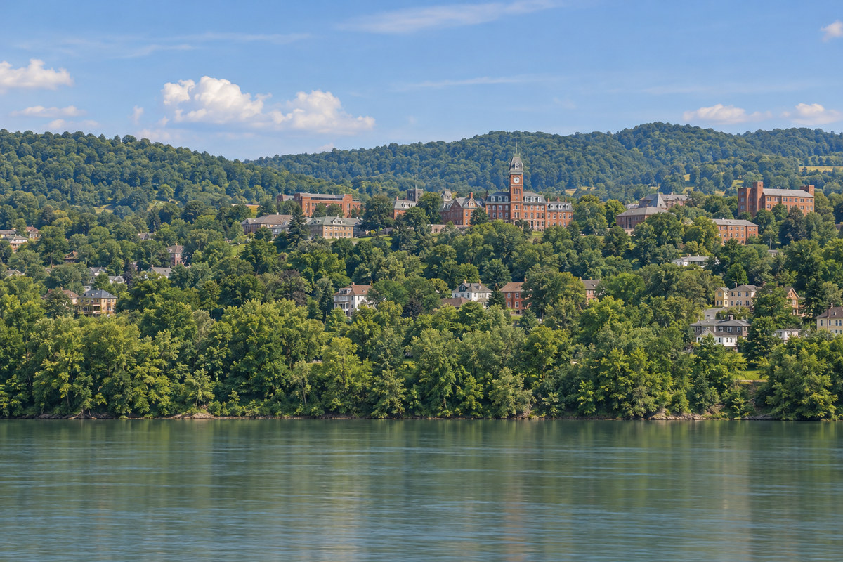 The Monongahela River below Morgantown hillside neighborhoods, West Virginia University buildings and forested ridges