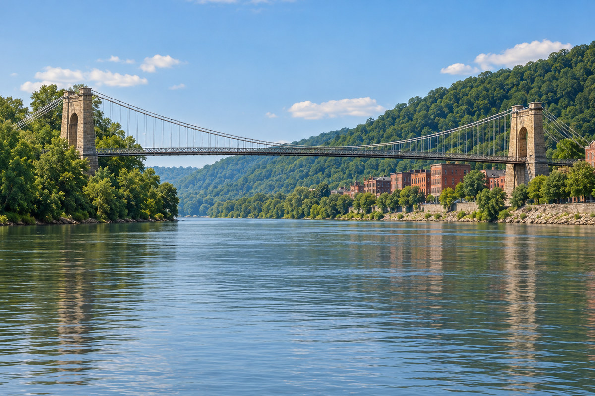The Ohio River at Wheeling, the Wheeling Suspension Bridge, brick riverfront buildings and steep wooded hillsides